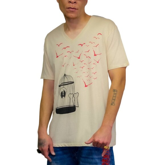 Greater Heights - V-neck T-Shirt - Cream - XXL - by Devils May Care - Unisex - Picture 1 of 6